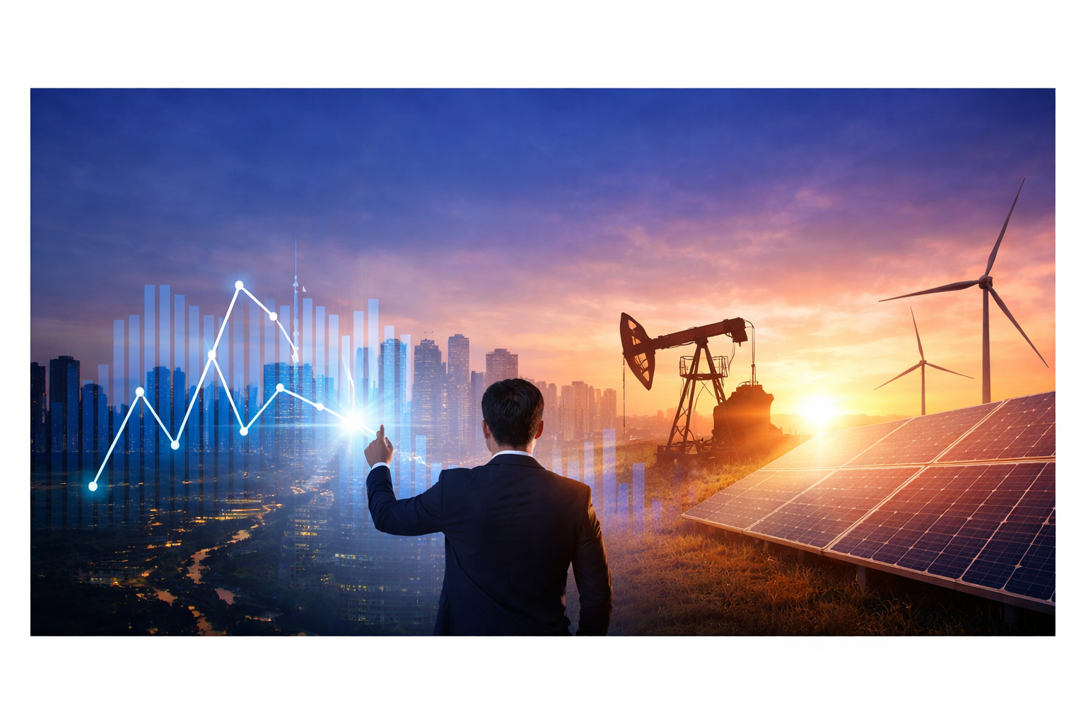 Strategy consultant nel settore energia analizza dati e mercato tra fonti rinnovabili, petrolio e città moderna
